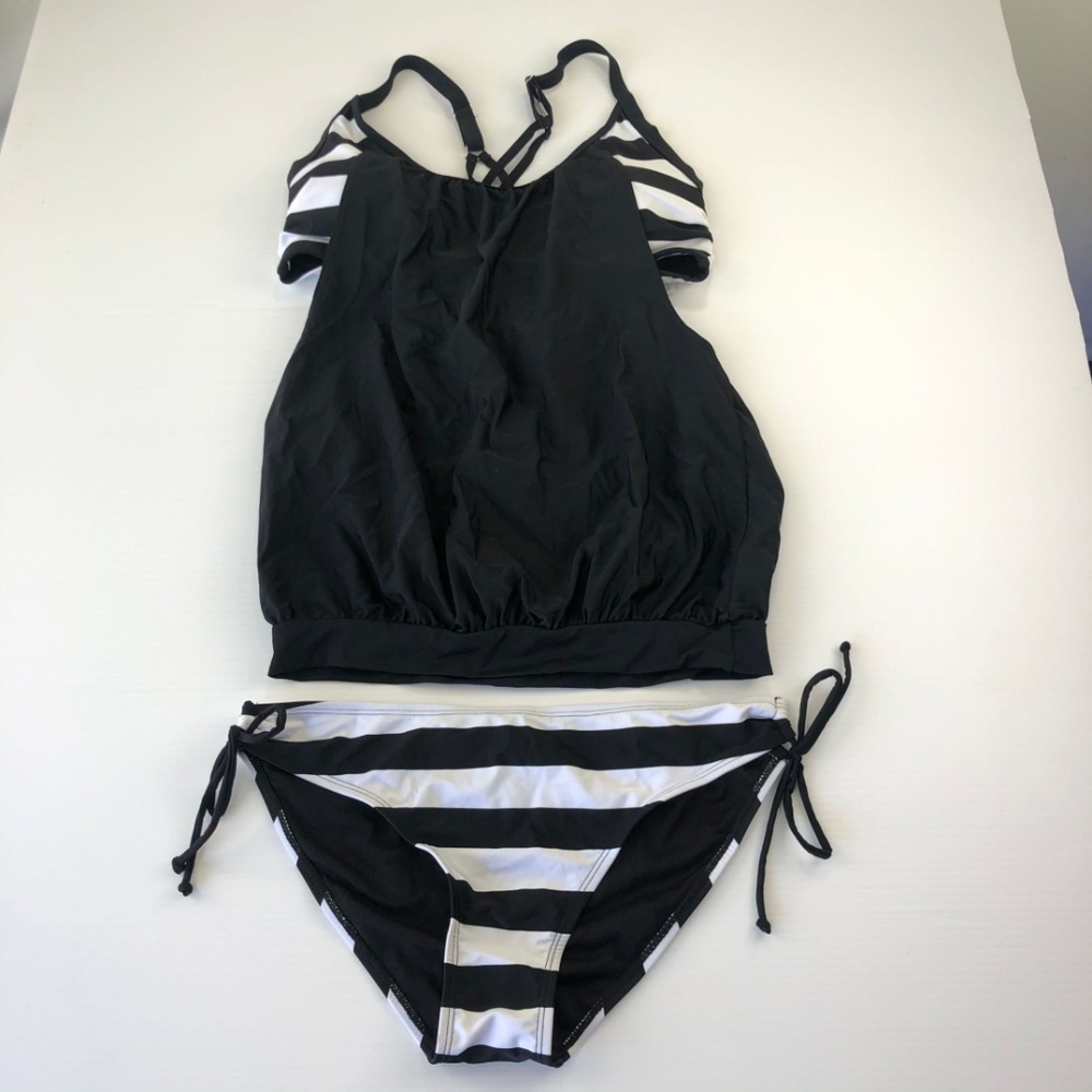 Black White Striped Tankini Set Medium Blouson Top NWT